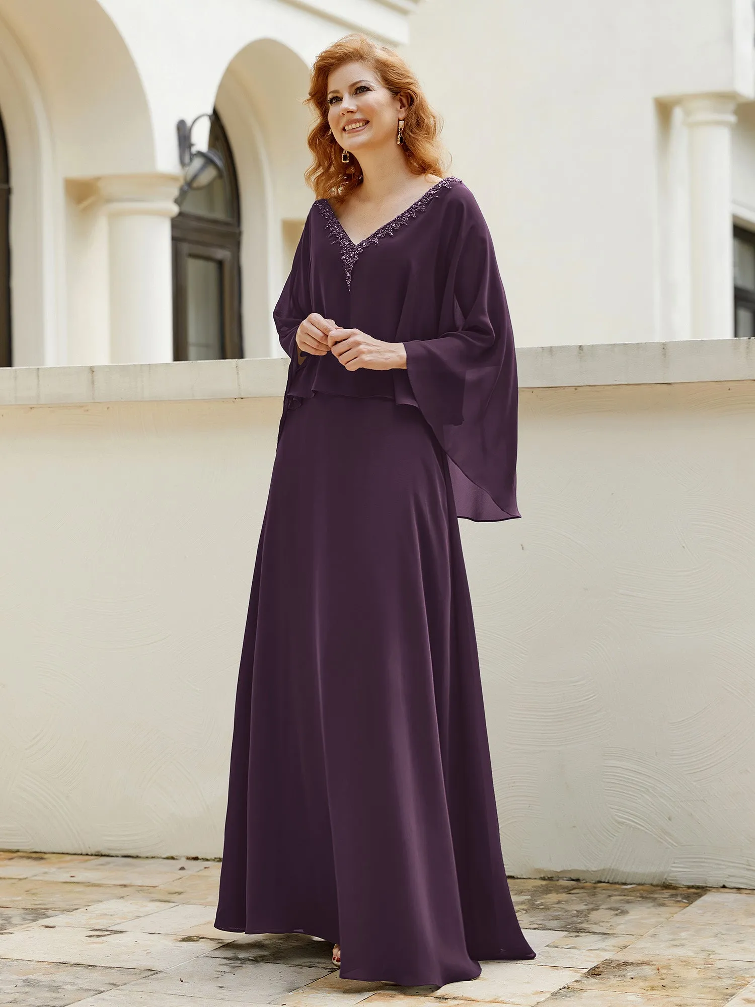 A-Line Flutter Cape Sleeves Dress with Beaded V-neck-Plum