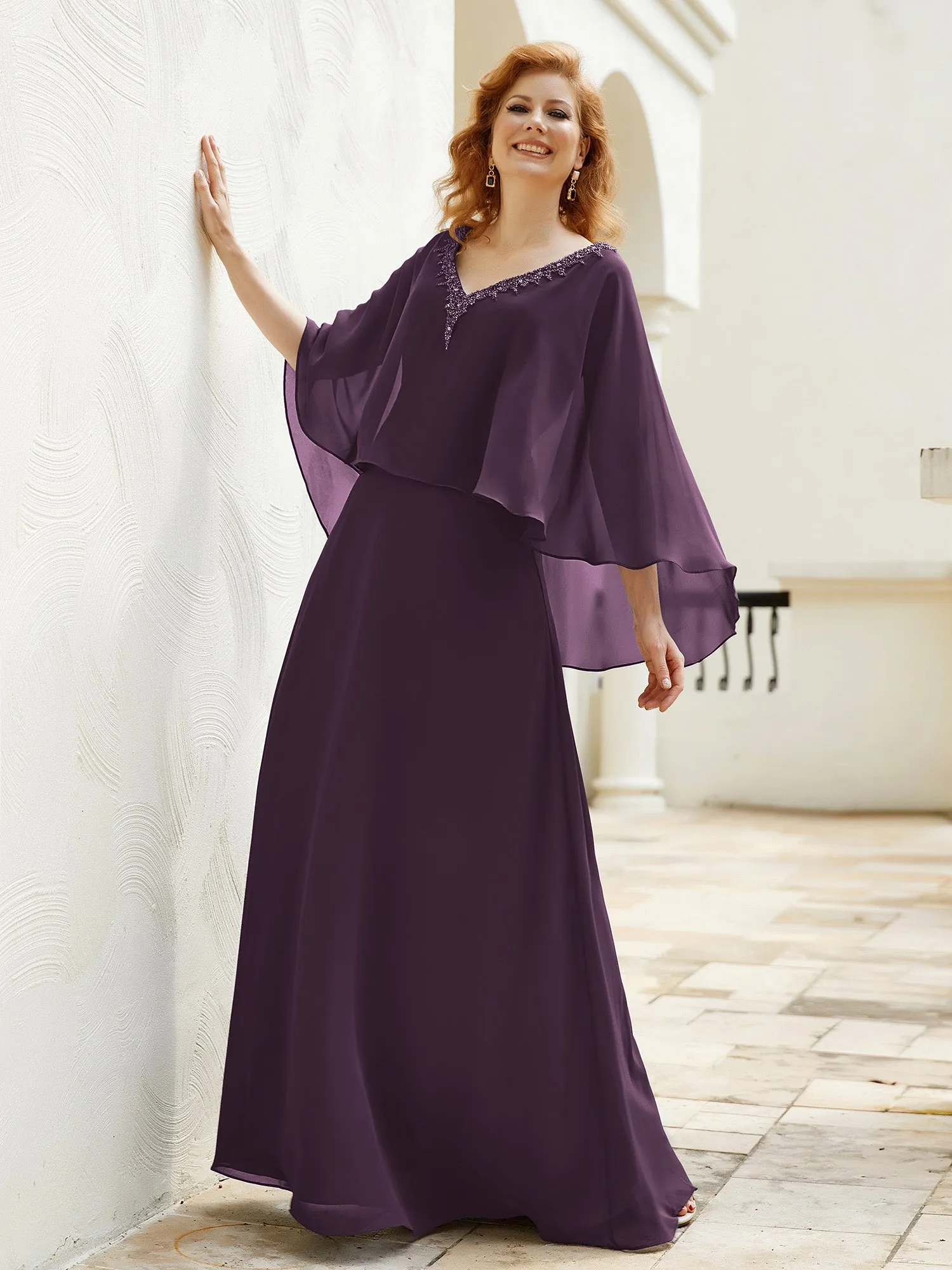 A-Line Flutter Cape Sleeves Dress with Beaded V-neck-Plum