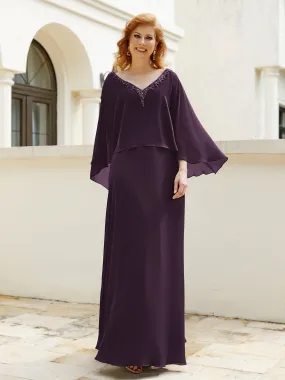 A-Line Flutter Cape Sleeves Dress with Beaded V-neck-Plum