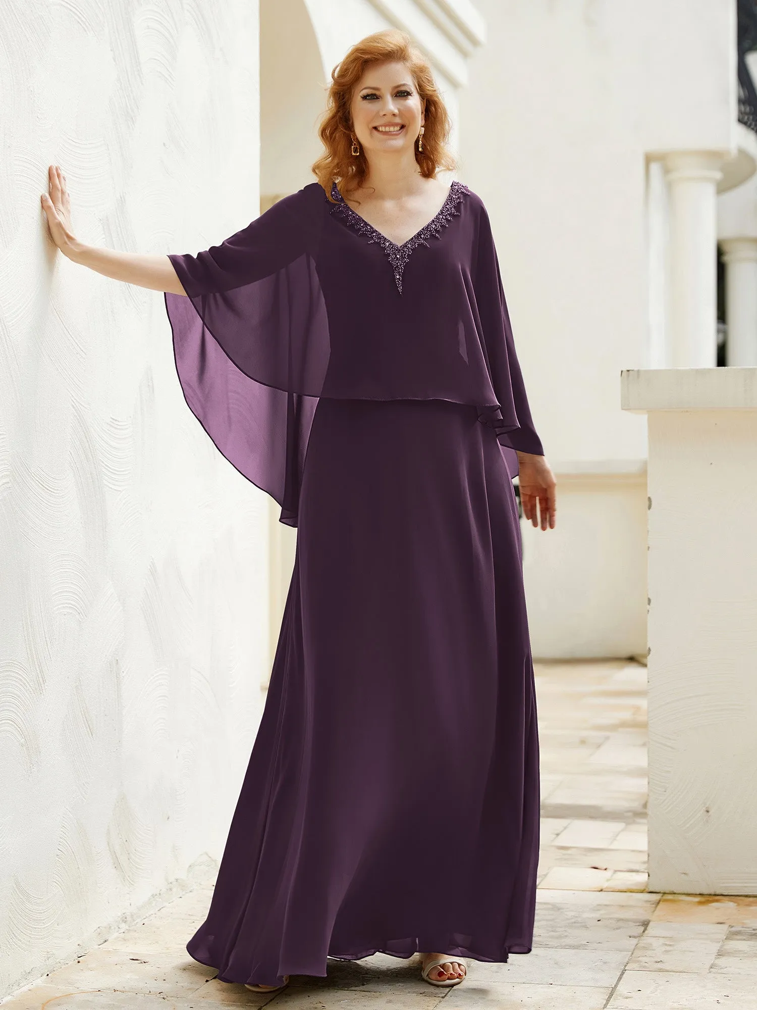 A-Line Flutter Cape Sleeves Dress with Beaded V-neck-Plum