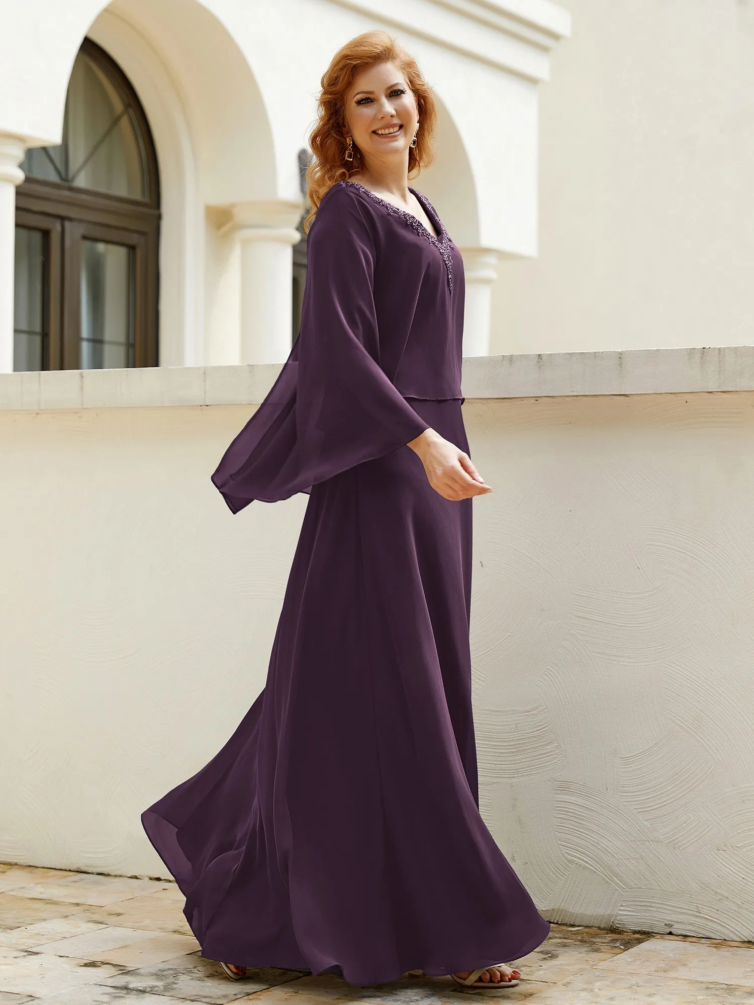 A-Line Flutter Cape Sleeves Dress with Beaded V-neck-Plum