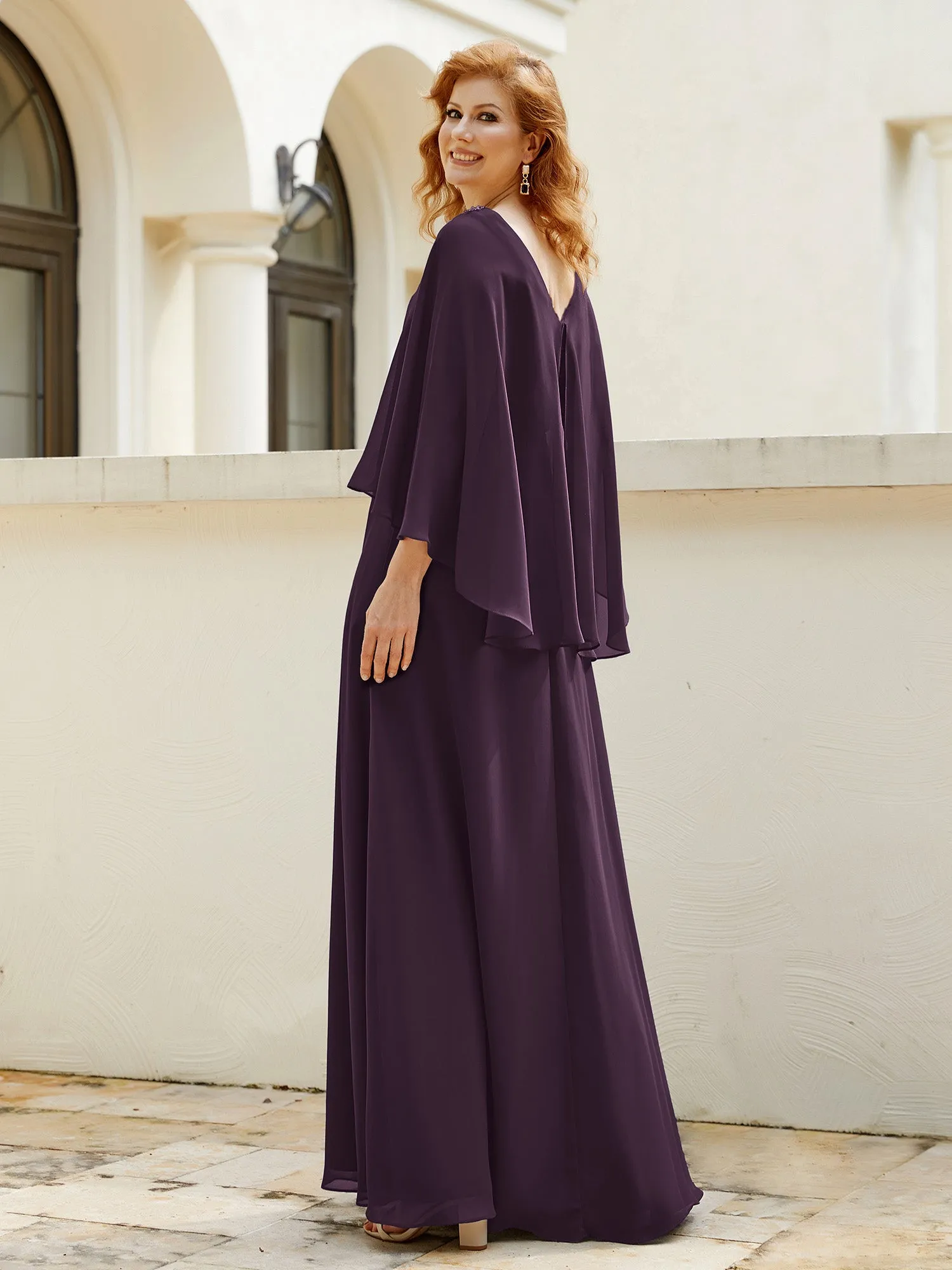 A-Line Flutter Cape Sleeves Dress with Beaded V-neck-Plum