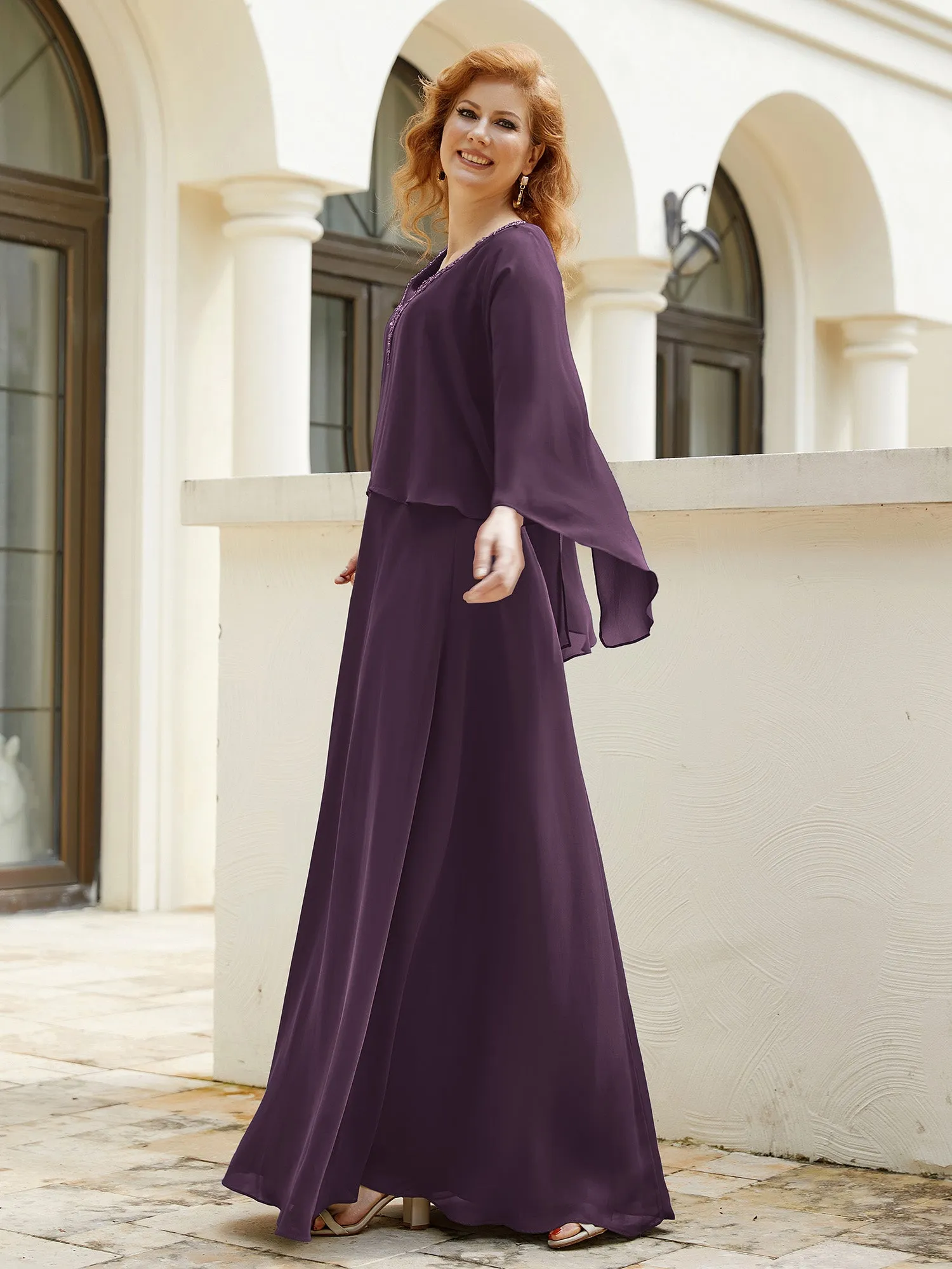 A-Line Flutter Cape Sleeves Dress with Beaded V-neck-Plum