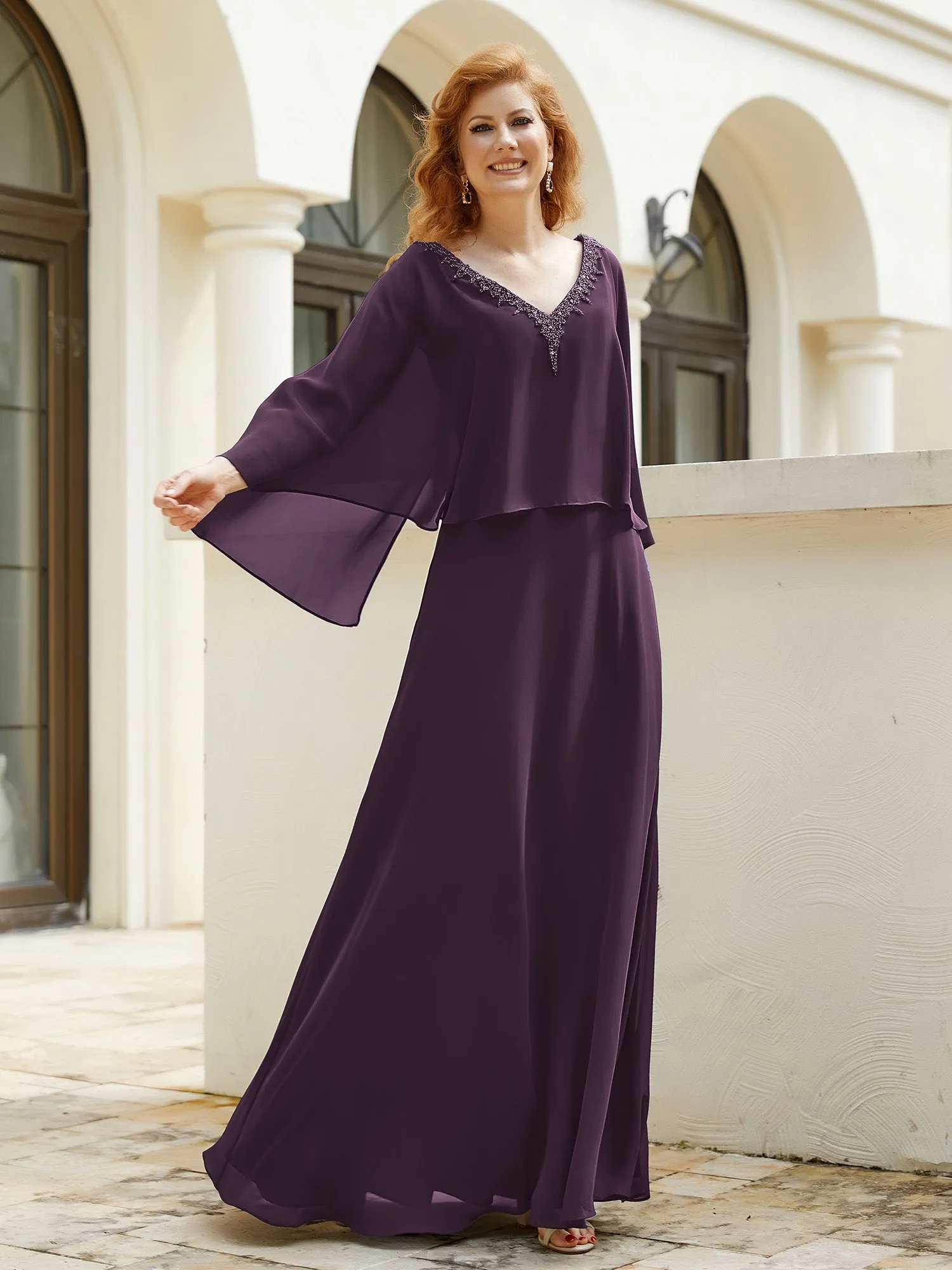 A-Line Flutter Cape Sleeves Dress with Beaded V-neck-Plum