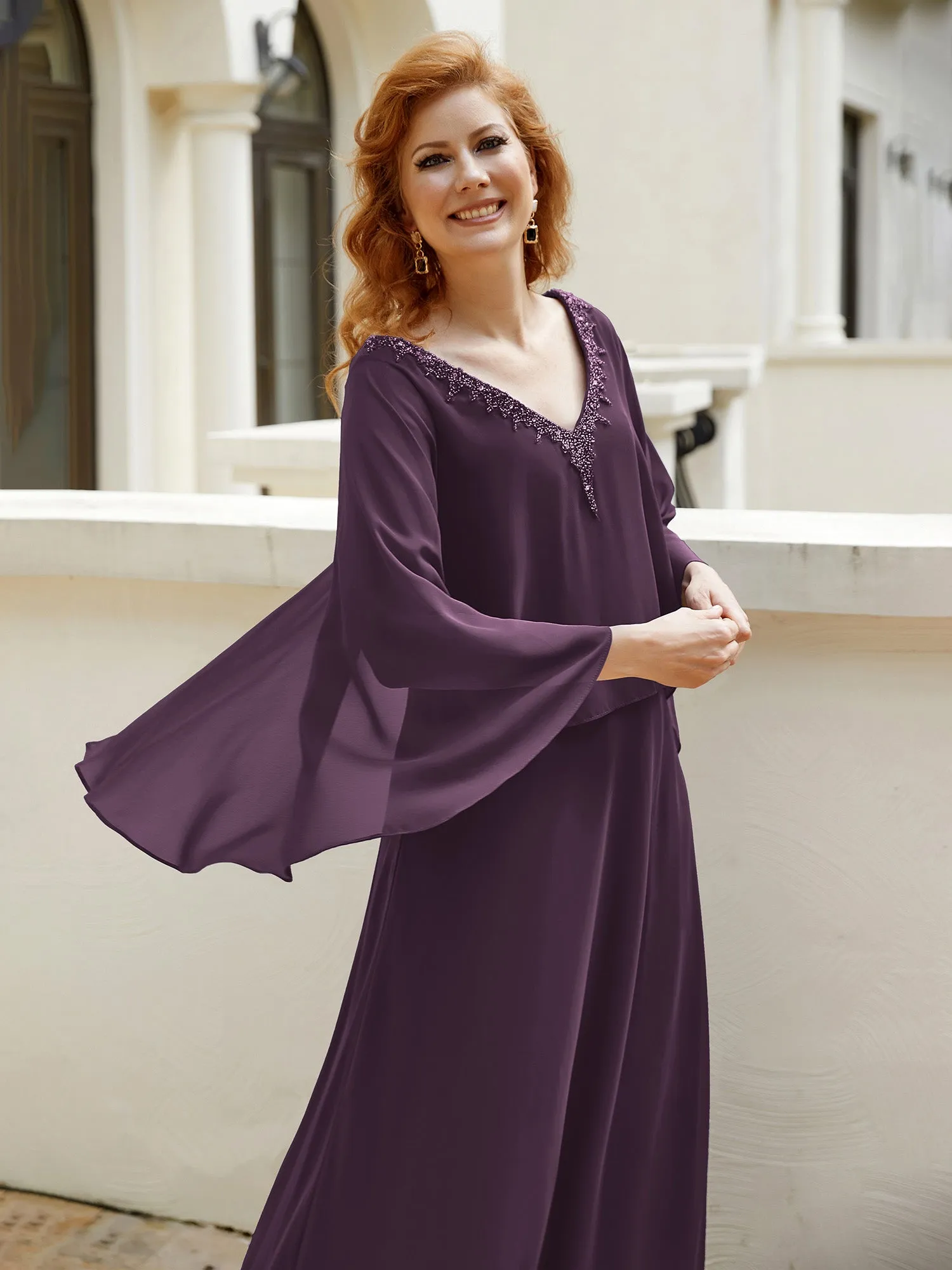 A-Line Flutter Cape Sleeves Dress with Beaded V-neck-Plum
