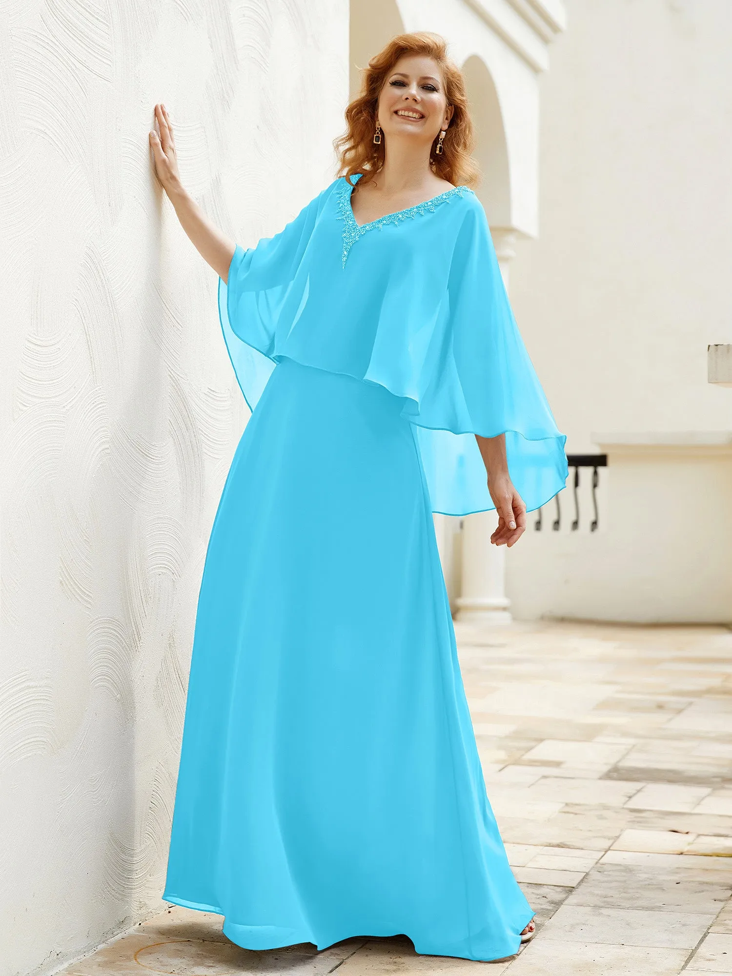 A-Line Flutter Cape Sleeves Dress with Beaded V-neck-Pool