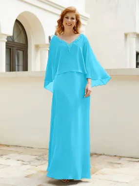 A-Line Flutter Cape Sleeves Dress with Beaded V-neck-Pool