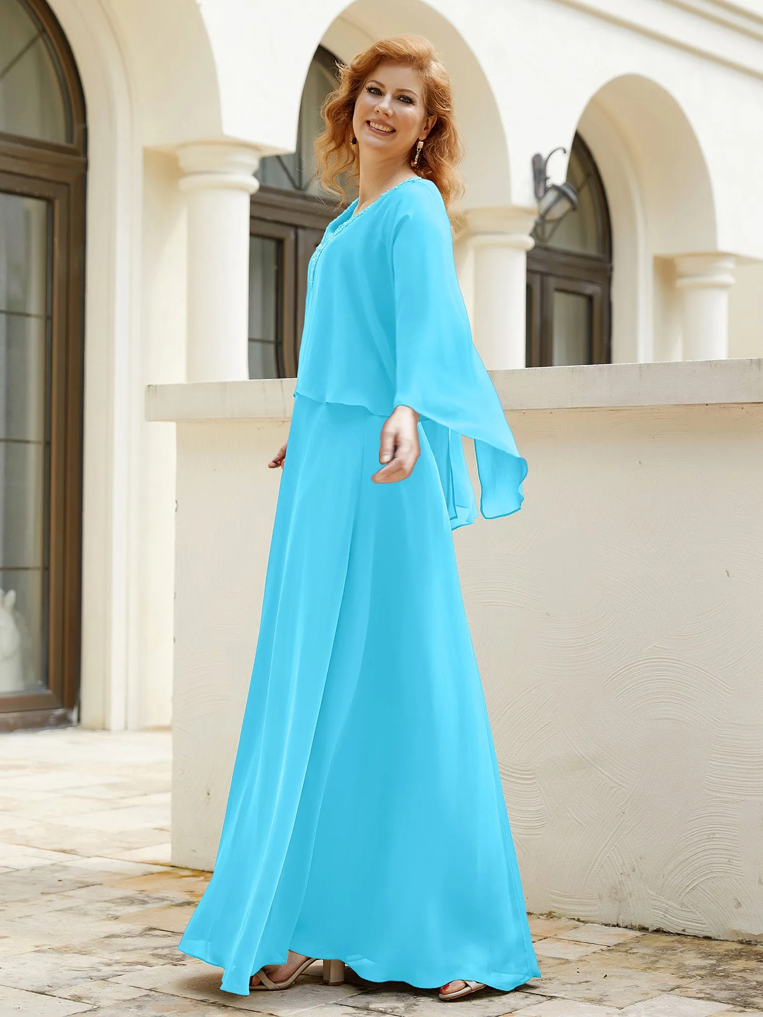 A-Line Flutter Cape Sleeves Dress with Beaded V-neck-Pool