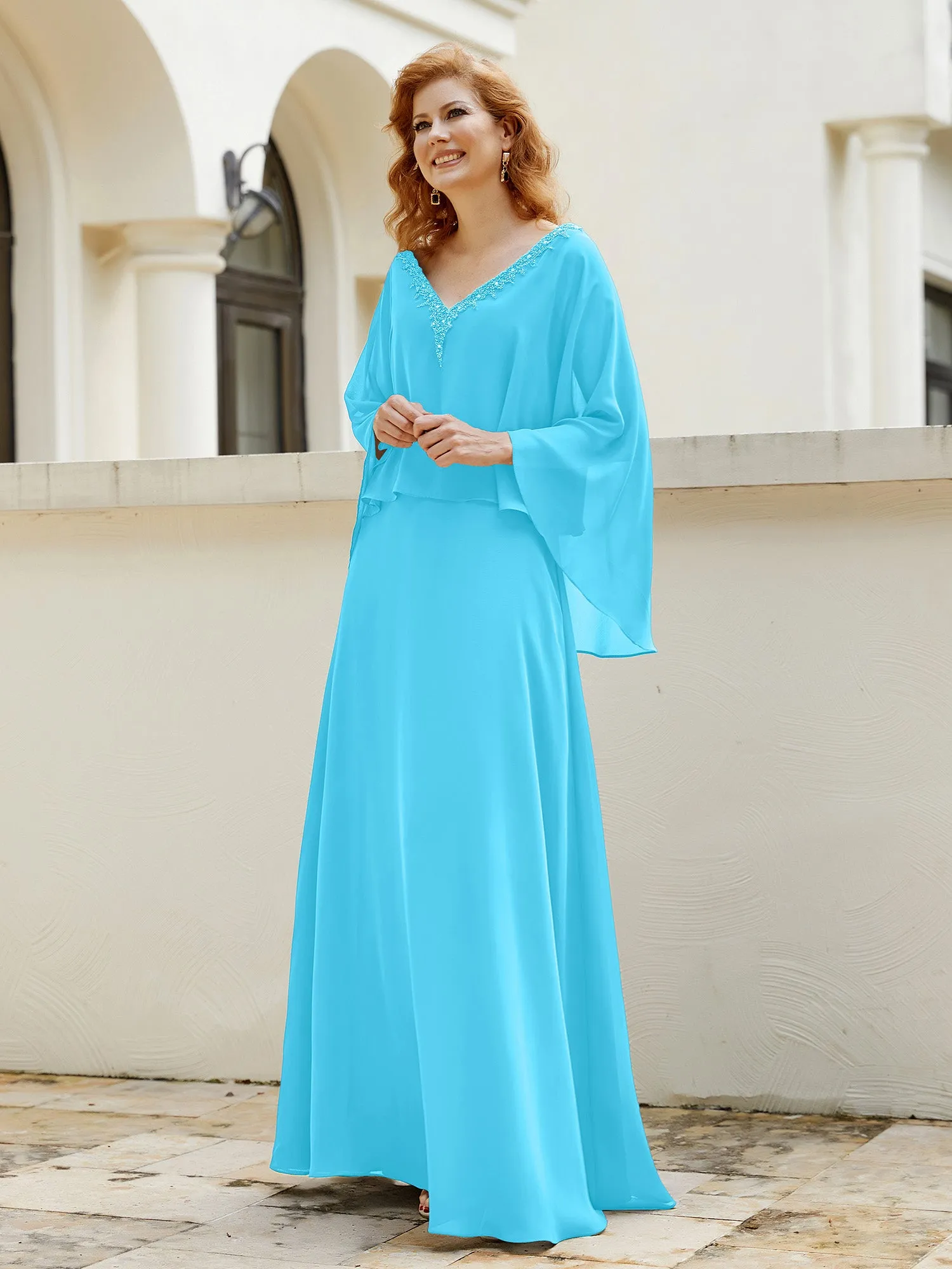 A-Line Flutter Cape Sleeves Dress with Beaded V-neck-Pool