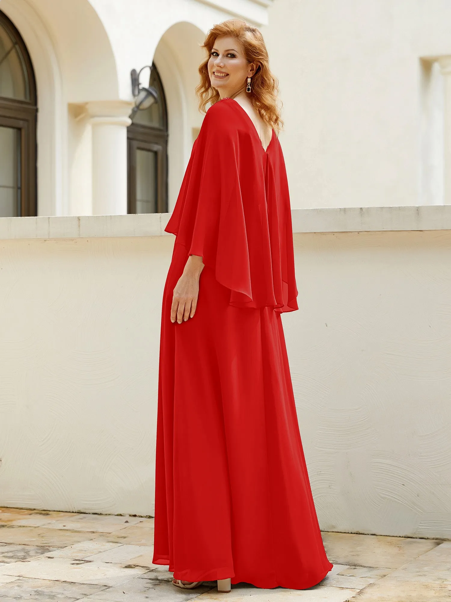 A-Line Flutter Cape Sleeves Dress with Beaded V-neck-Red