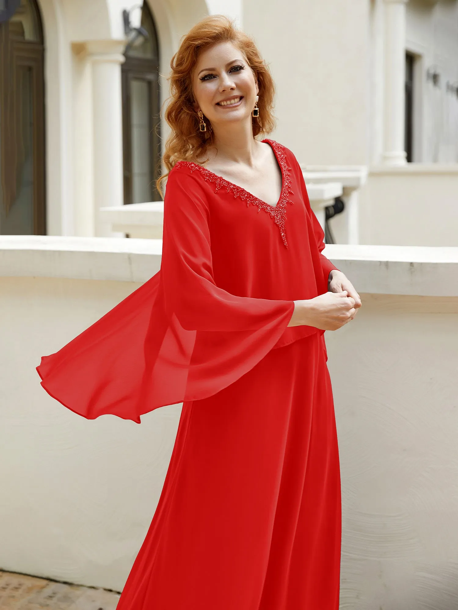 A-Line Flutter Cape Sleeves Dress with Beaded V-neck-Red
