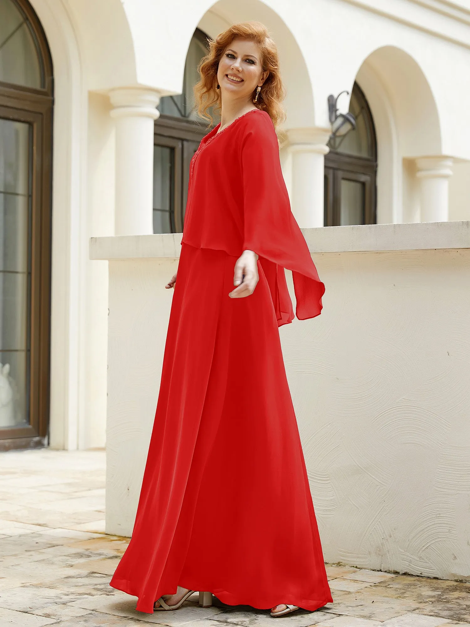A-Line Flutter Cape Sleeves Dress with Beaded V-neck-Red