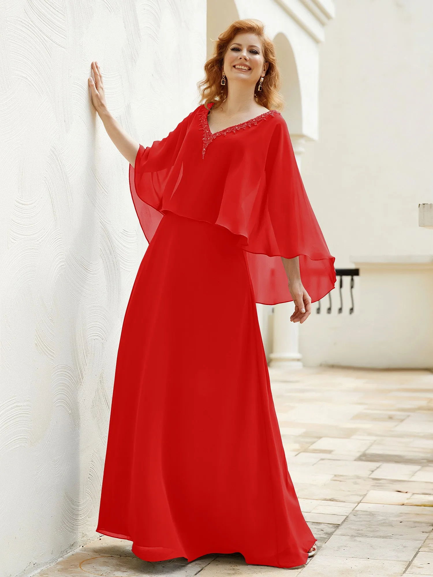 A-Line Flutter Cape Sleeves Dress with Beaded V-neck-Red