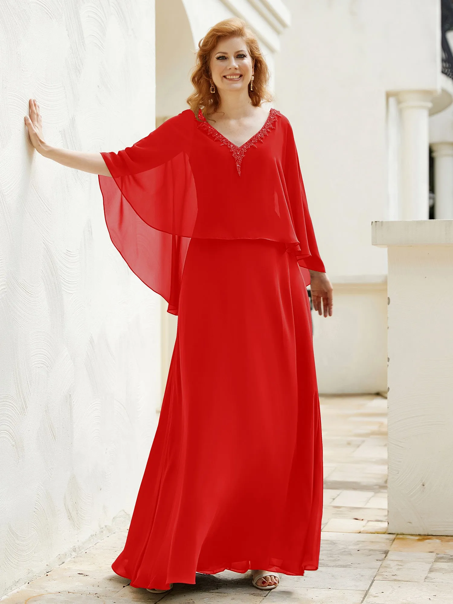 A-Line Flutter Cape Sleeves Dress with Beaded V-neck-Red