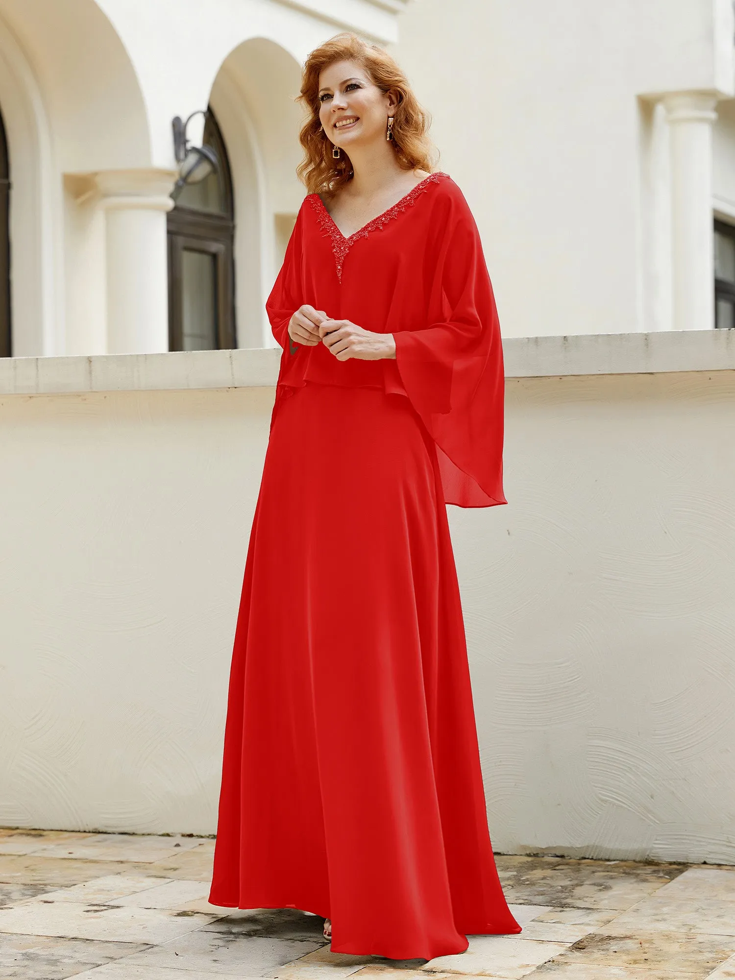A-Line Flutter Cape Sleeves Dress with Beaded V-neck-Red