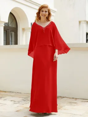 A-Line Flutter Cape Sleeves Dress with Beaded V-neck-Red