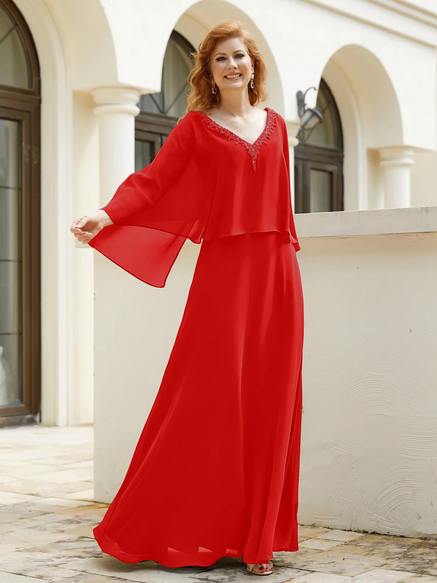 A-Line Flutter Cape Sleeves Dress with Beaded V-neck-Red
