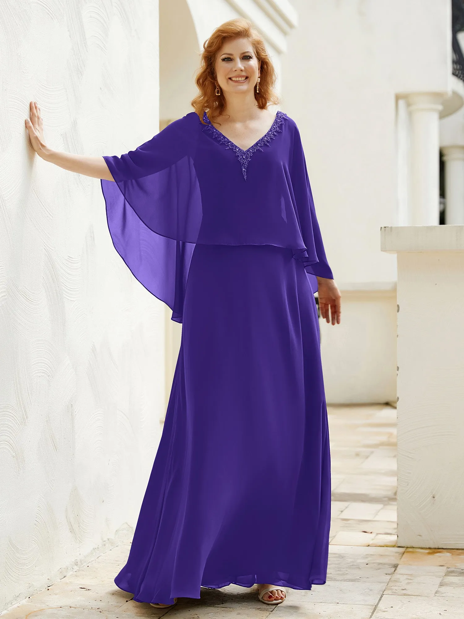 A-Line Flutter Cape Sleeves Dress with Beaded V-neck-Regency