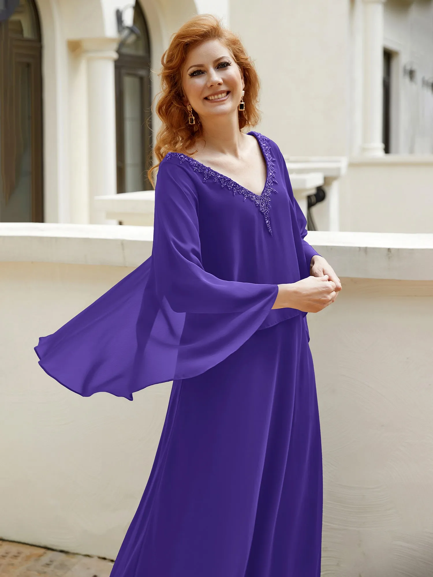 A-Line Flutter Cape Sleeves Dress with Beaded V-neck-Regency