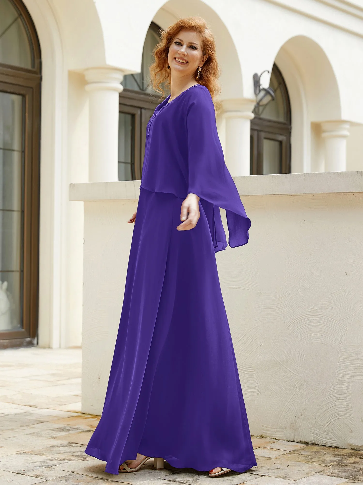 A-Line Flutter Cape Sleeves Dress with Beaded V-neck-Regency