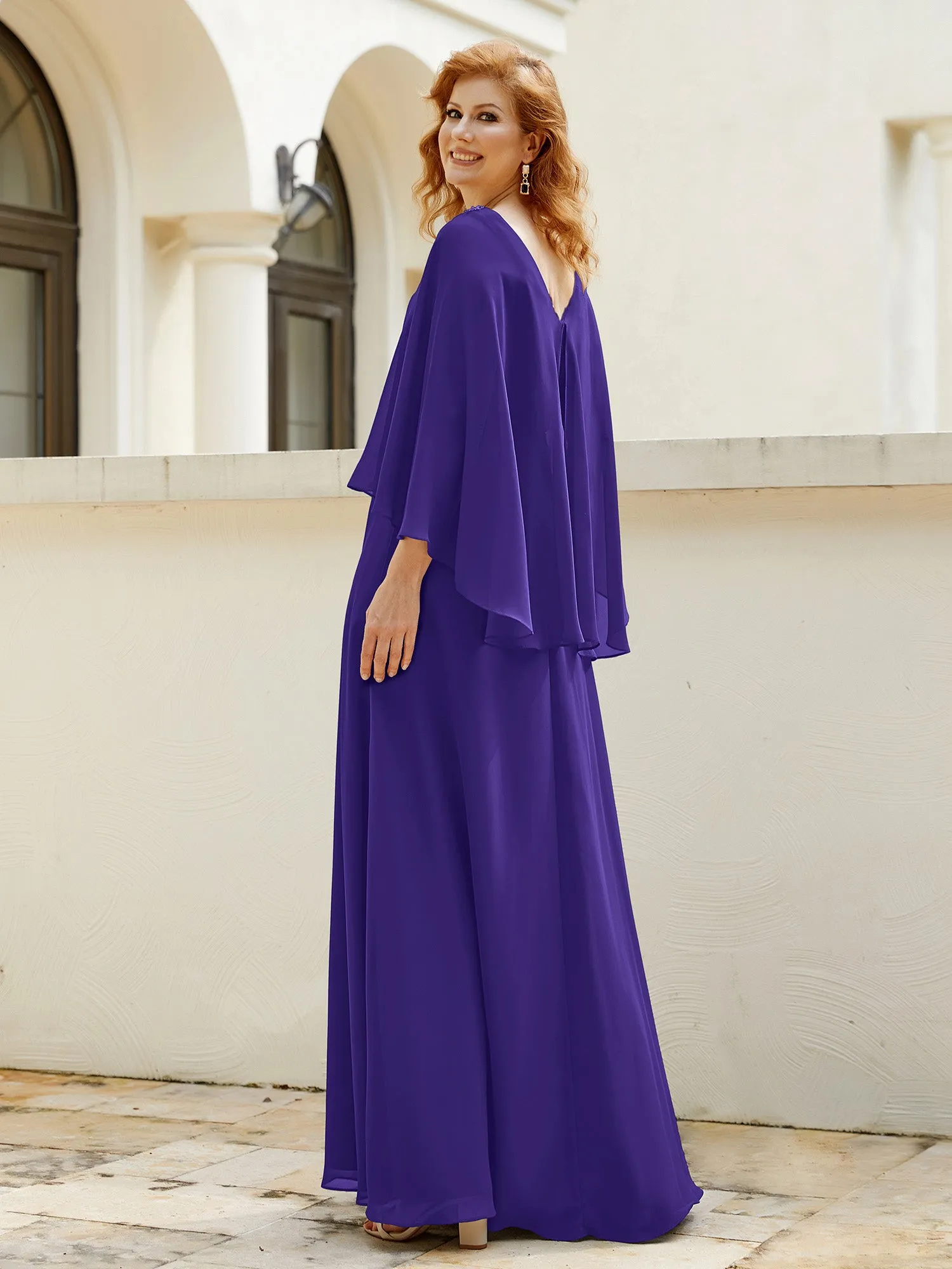 A-Line Flutter Cape Sleeves Dress with Beaded V-neck-Regency