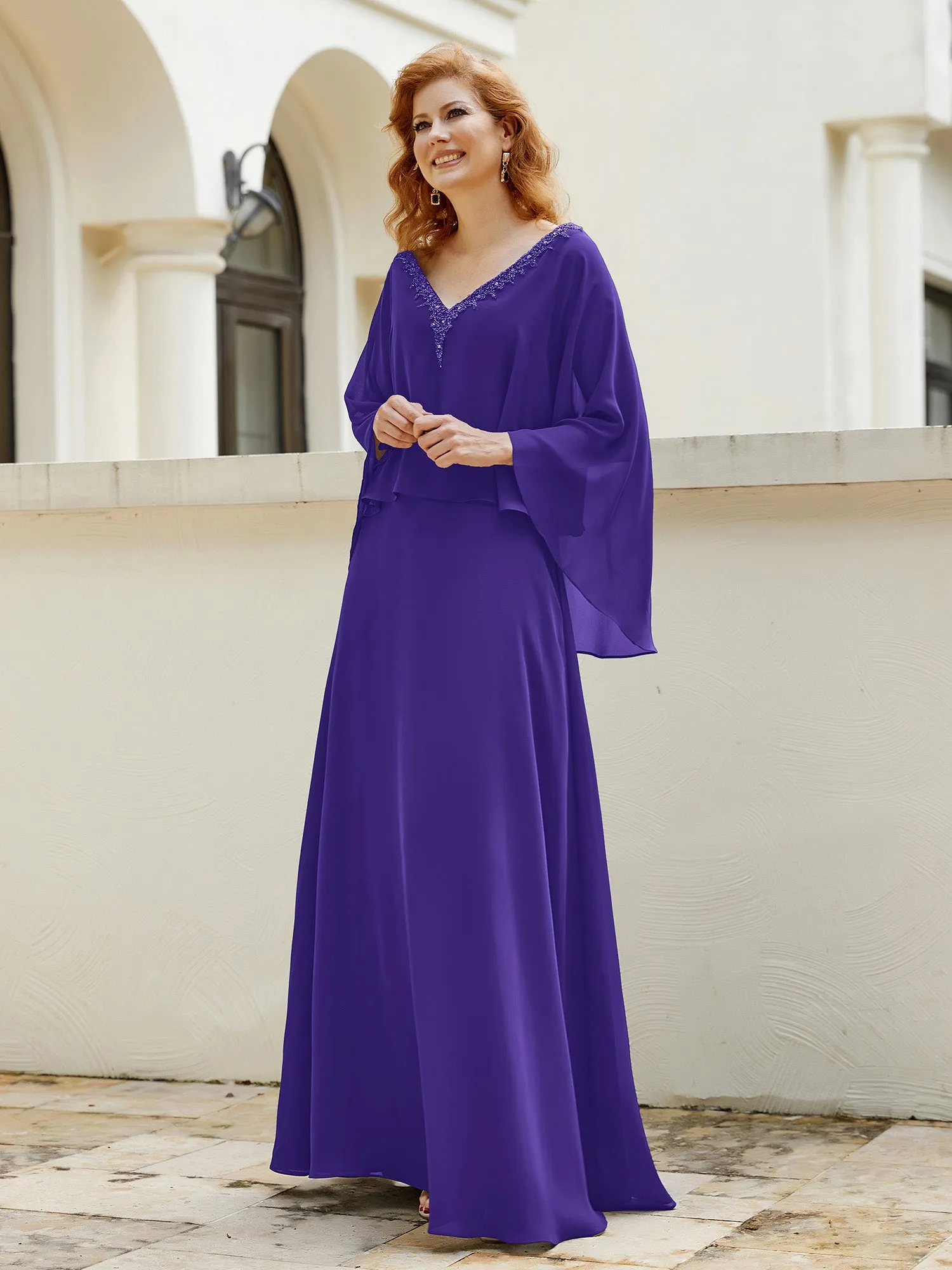 A-Line Flutter Cape Sleeves Dress with Beaded V-neck-Regency