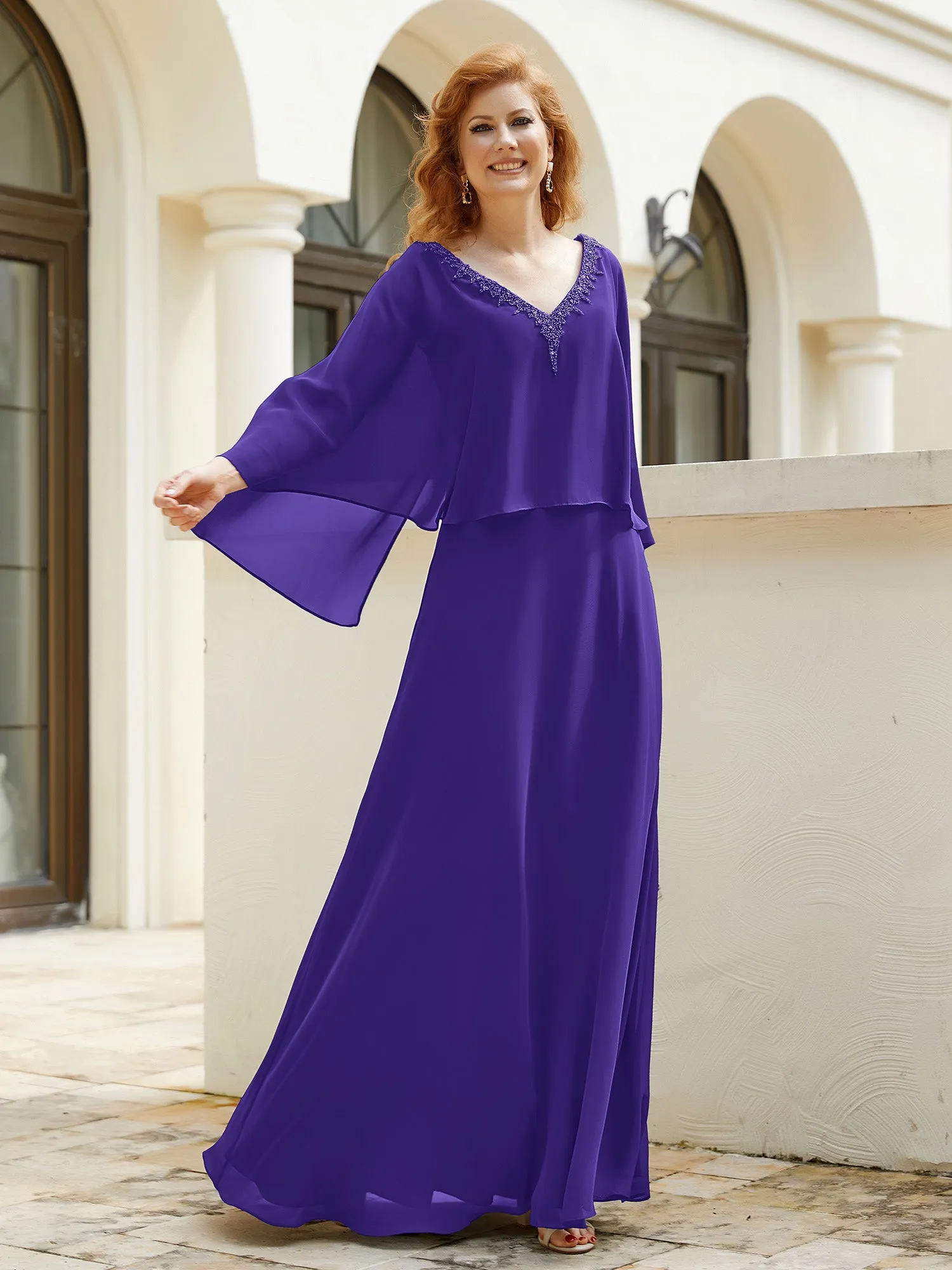 A-Line Flutter Cape Sleeves Dress with Beaded V-neck-Regency