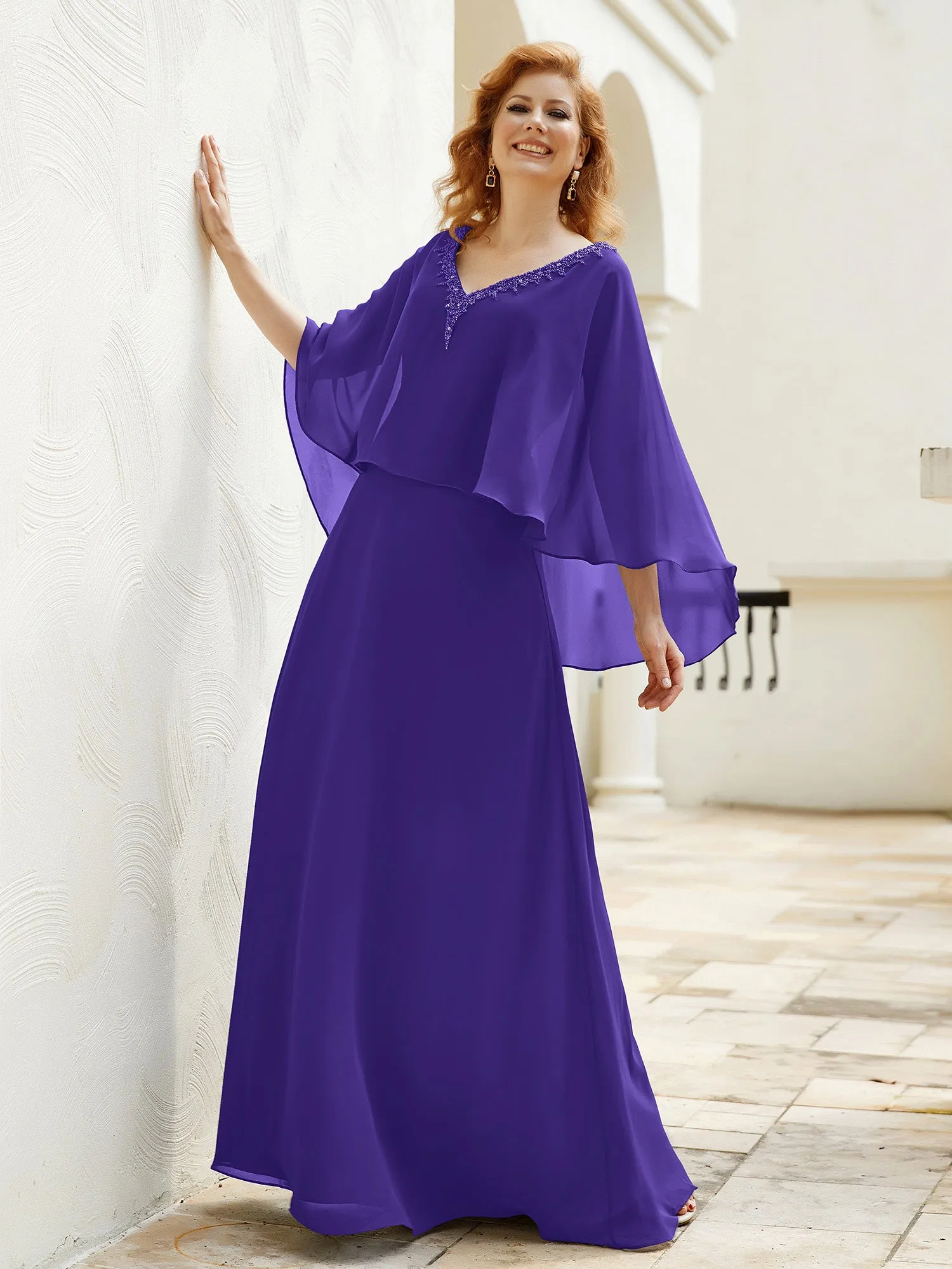 A-Line Flutter Cape Sleeves Dress with Beaded V-neck-Regency
