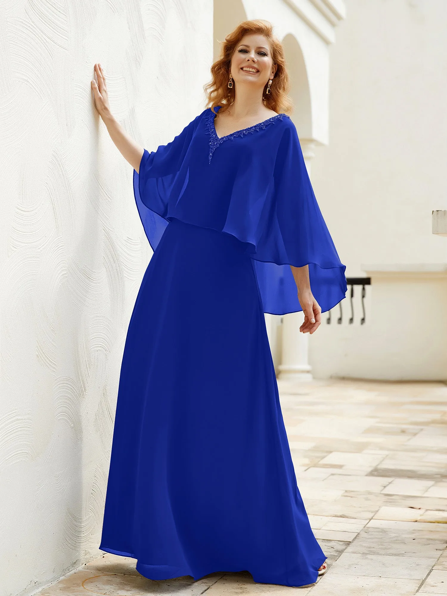 A-Line Flutter Cape Sleeves Dress with Beaded V-neck-Royal Blue