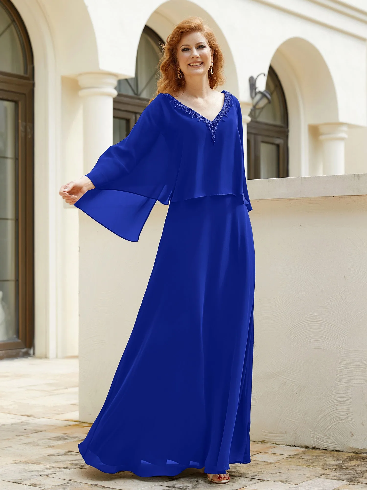 A-Line Flutter Cape Sleeves Dress with Beaded V-neck-Royal Blue