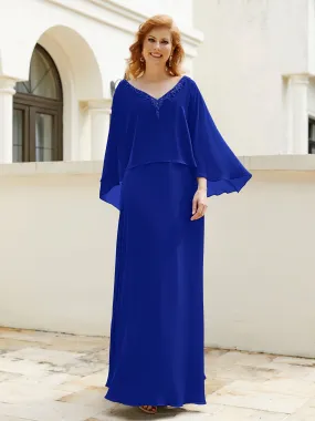A-Line Flutter Cape Sleeves Dress with Beaded V-neck-Royal Blue