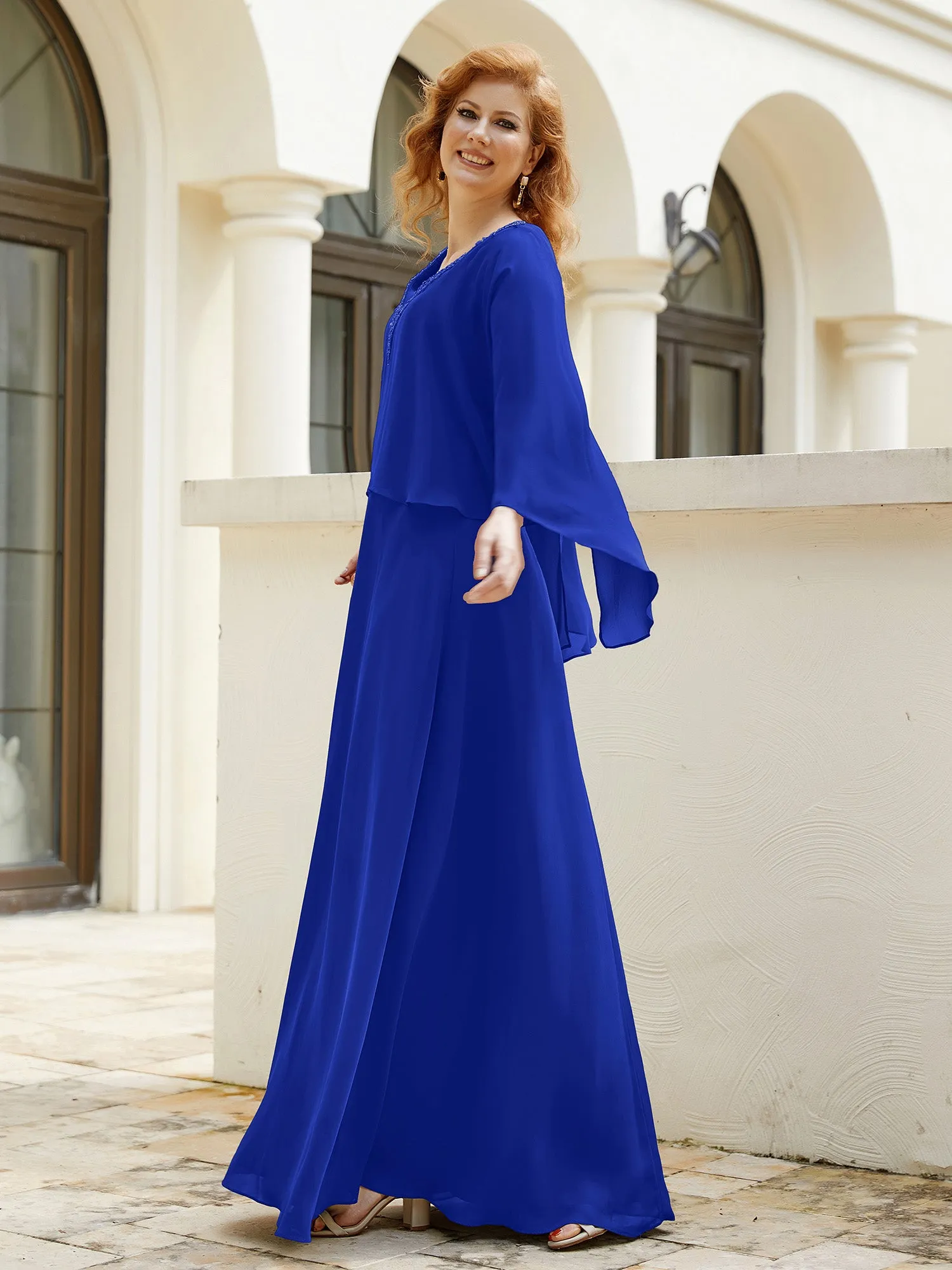 A-Line Flutter Cape Sleeves Dress with Beaded V-neck-Royal Blue