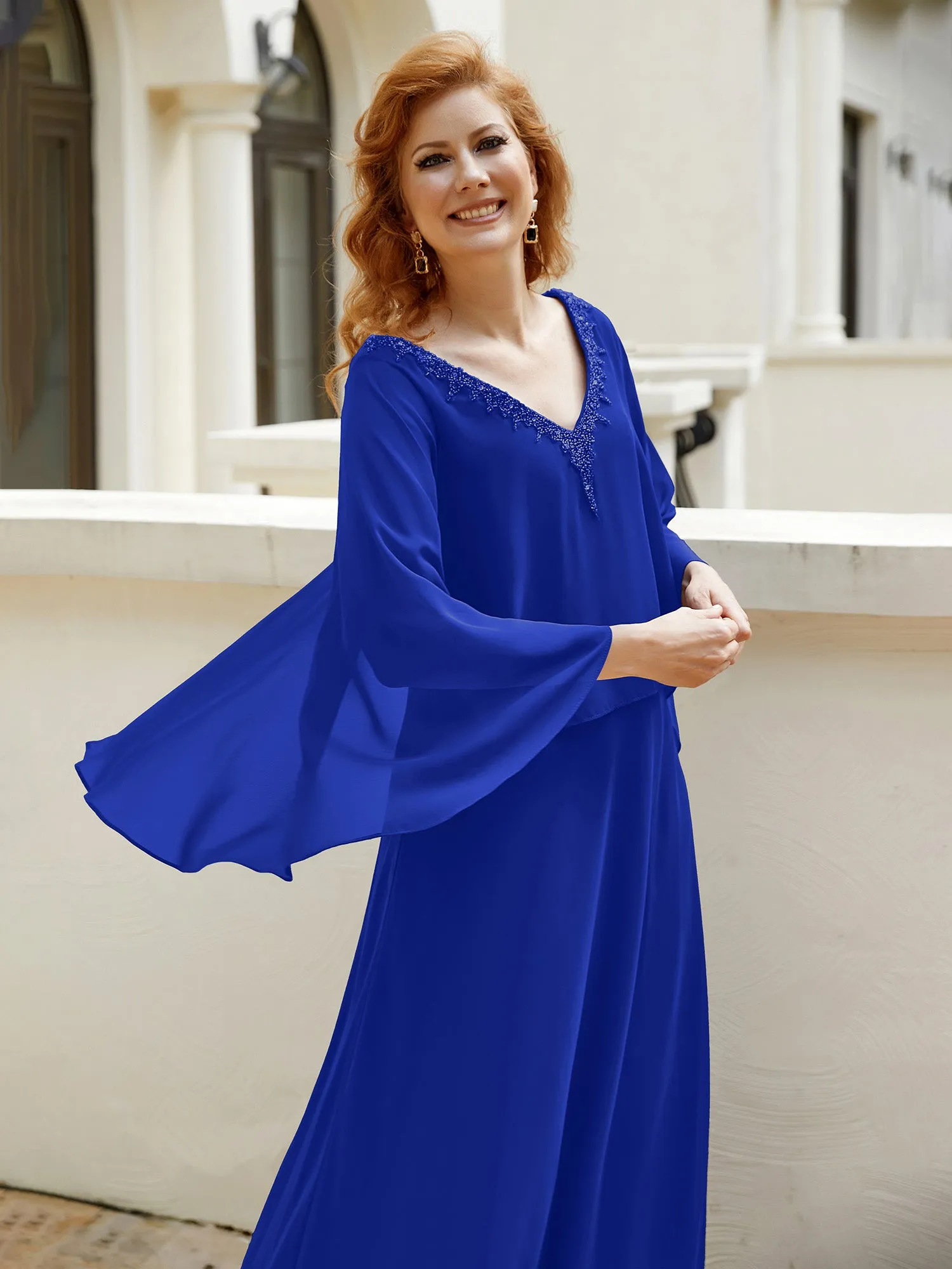 A-Line Flutter Cape Sleeves Dress with Beaded V-neck-Royal Blue