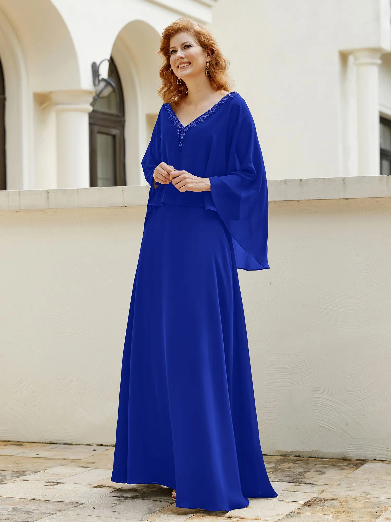 A-Line Flutter Cape Sleeves Dress with Beaded V-neck-Royal Blue