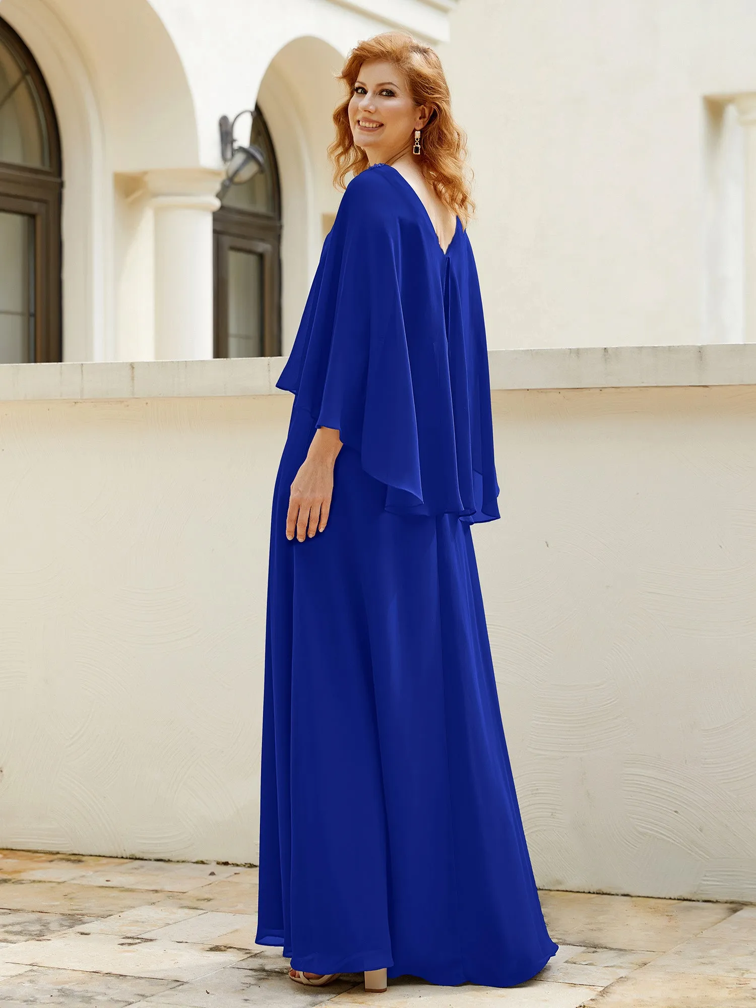 A-Line Flutter Cape Sleeves Dress with Beaded V-neck-Royal Blue