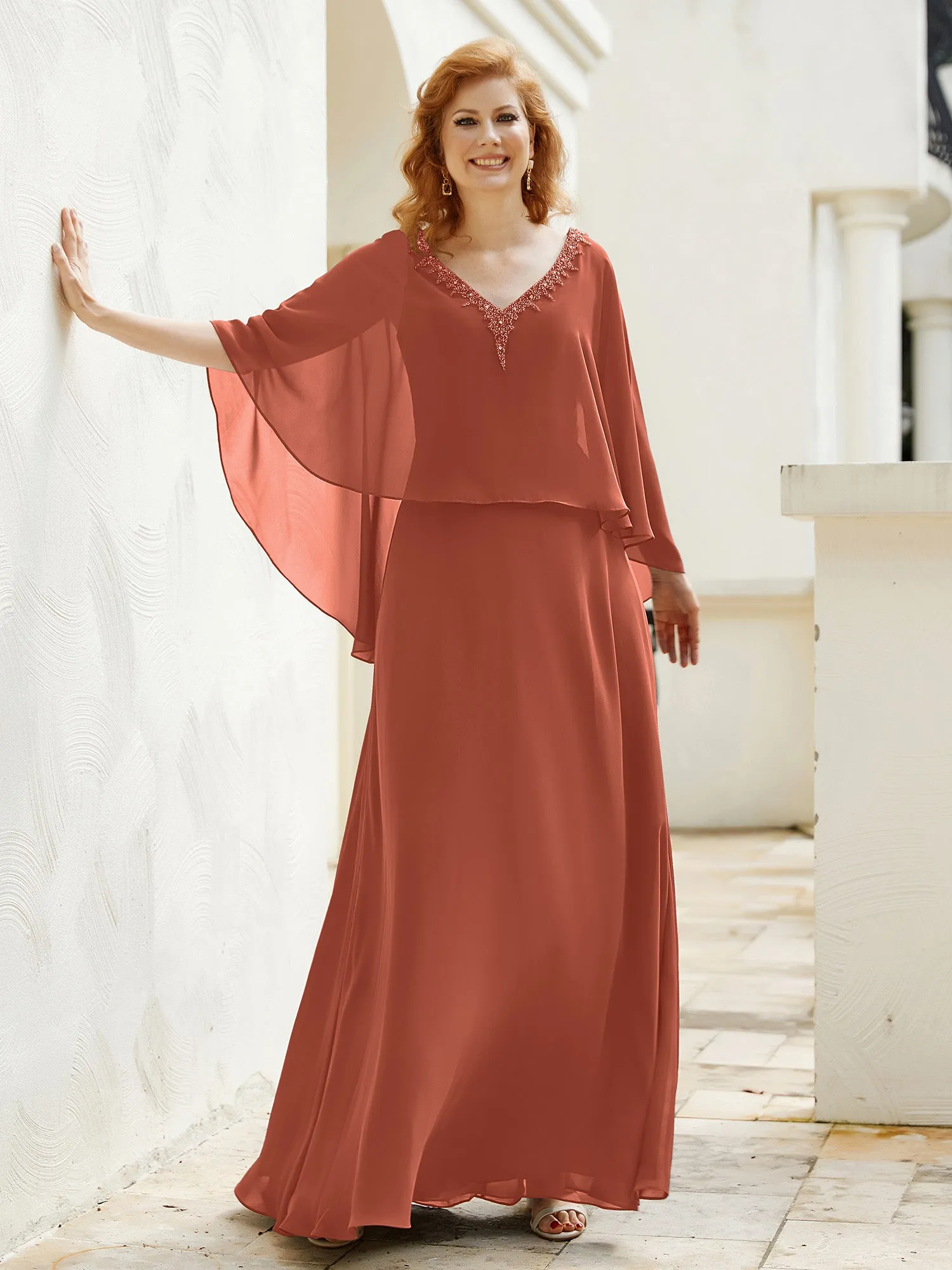 A-Line Flutter Cape Sleeves Dress with Beaded V-neck-Rust
