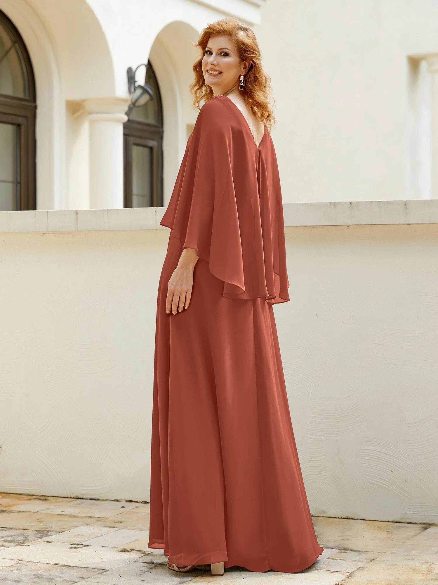 A-Line Flutter Cape Sleeves Dress with Beaded V-neck-Rust