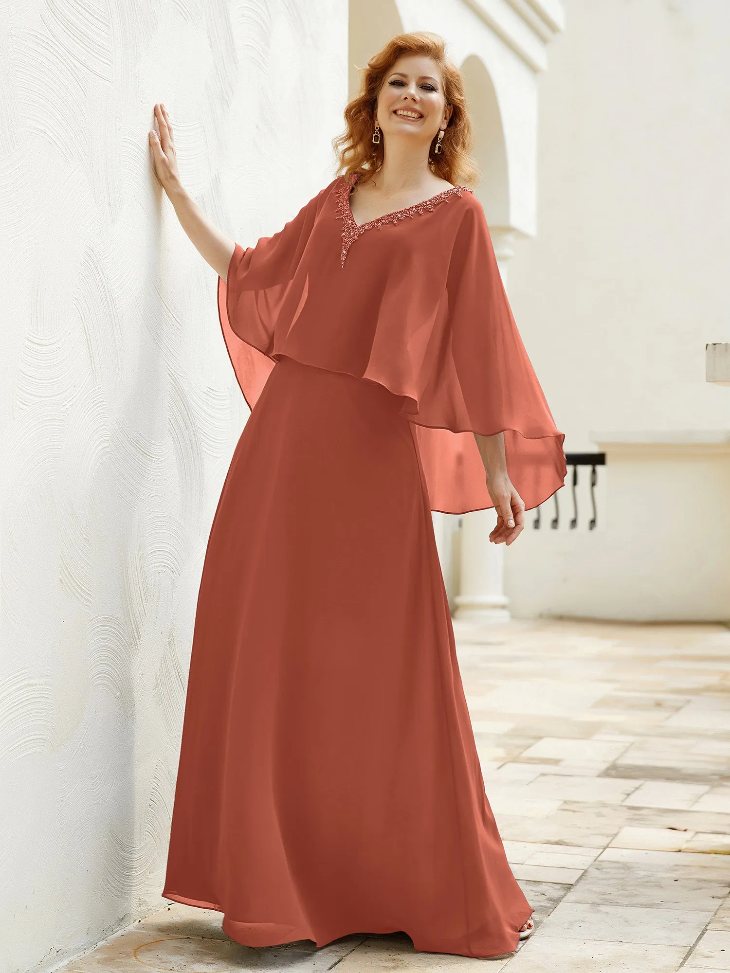 A-Line Flutter Cape Sleeves Dress with Beaded V-neck-Rust