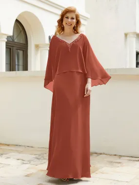 A-Line Flutter Cape Sleeves Dress with Beaded V-neck-Rust