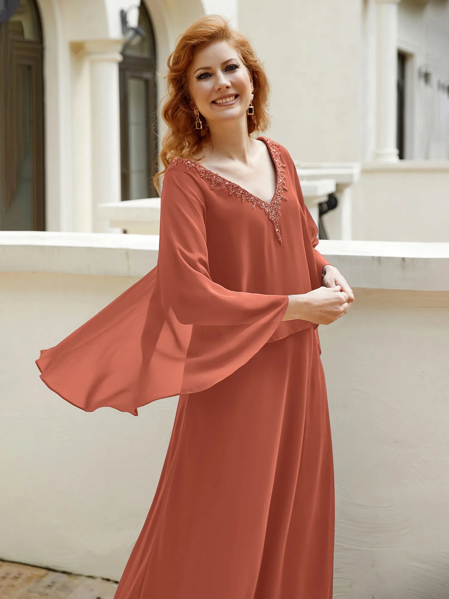 A-Line Flutter Cape Sleeves Dress with Beaded V-neck-Rust