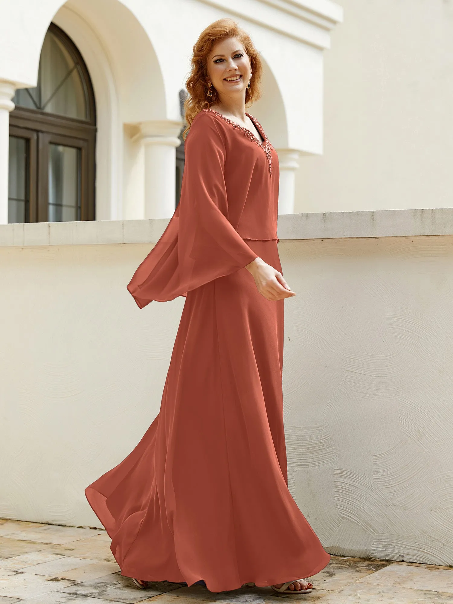 A-Line Flutter Cape Sleeves Dress with Beaded V-neck-Rust