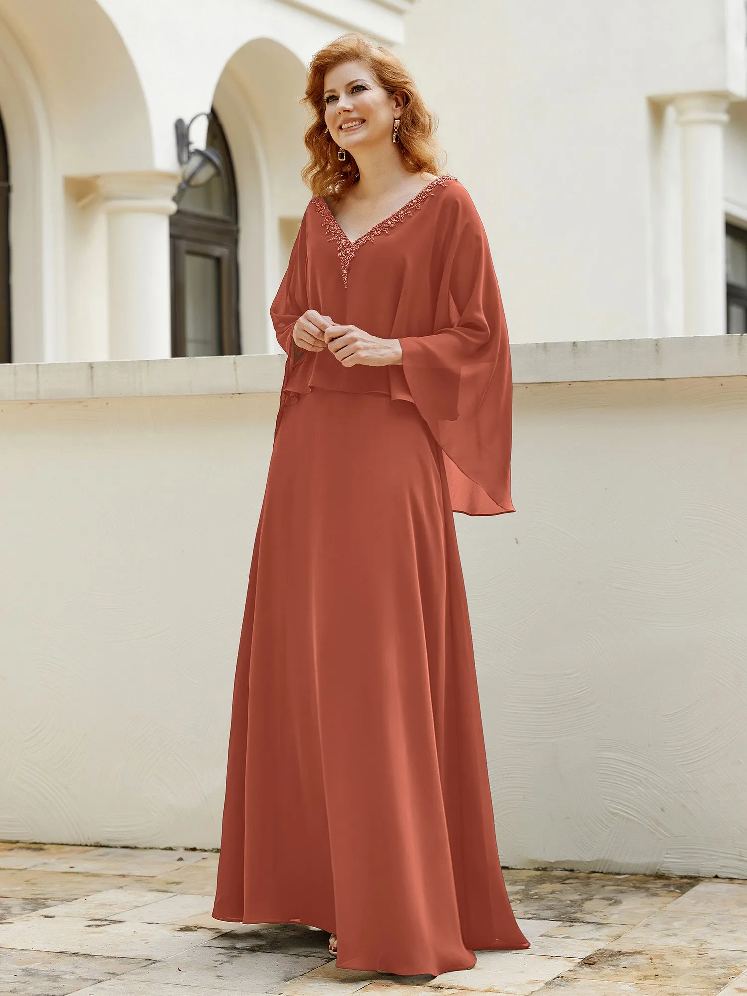 A-Line Flutter Cape Sleeves Dress with Beaded V-neck-Rust