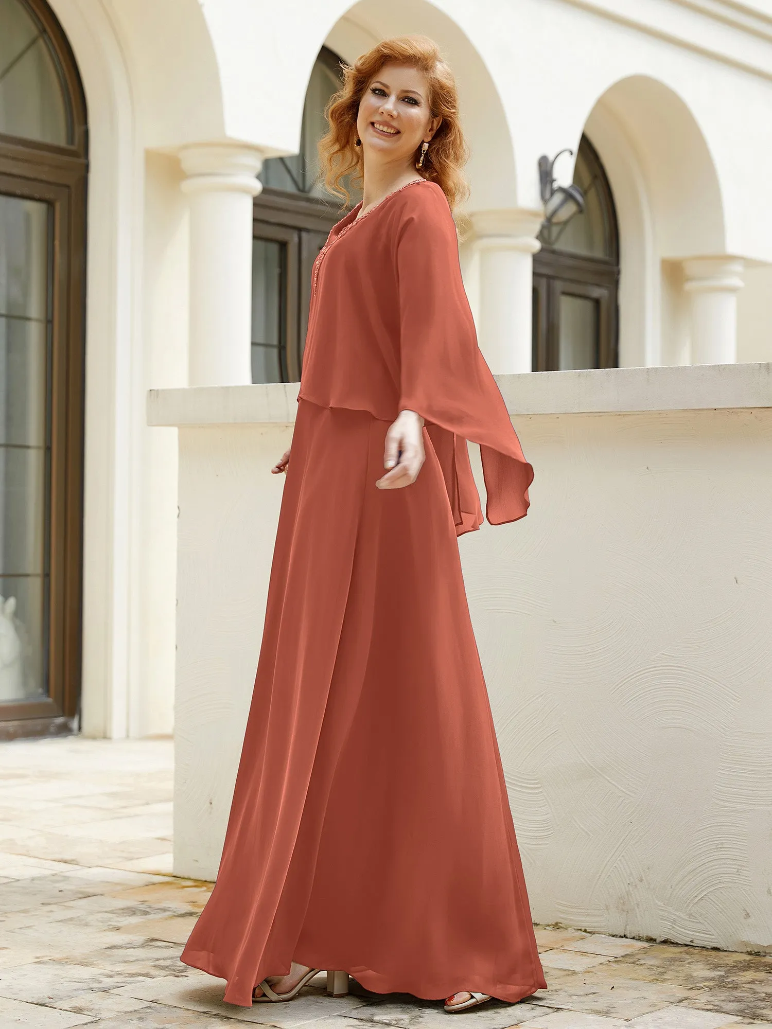 A-Line Flutter Cape Sleeves Dress with Beaded V-neck-Rust