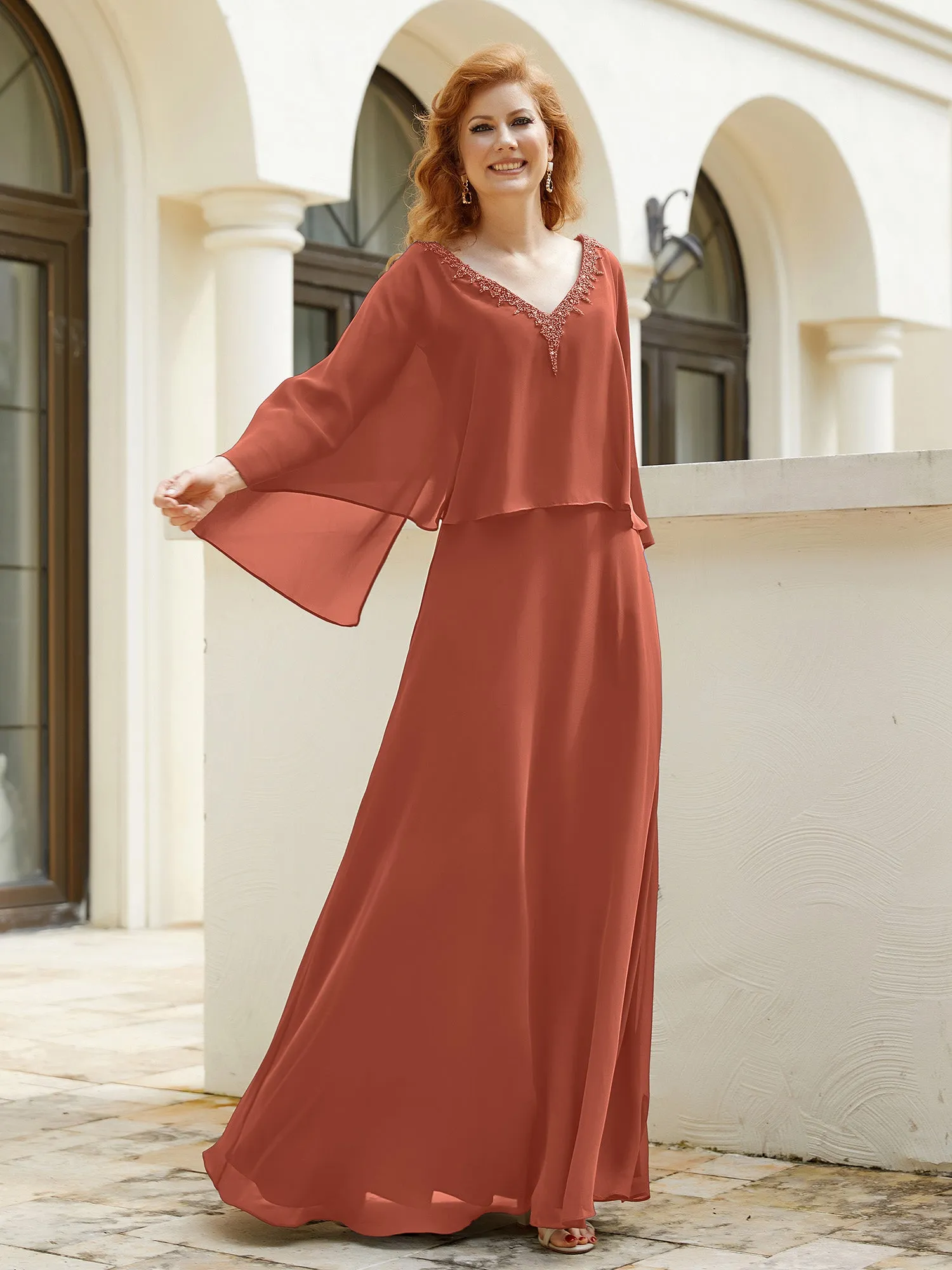 A-Line Flutter Cape Sleeves Dress with Beaded V-neck-Rust