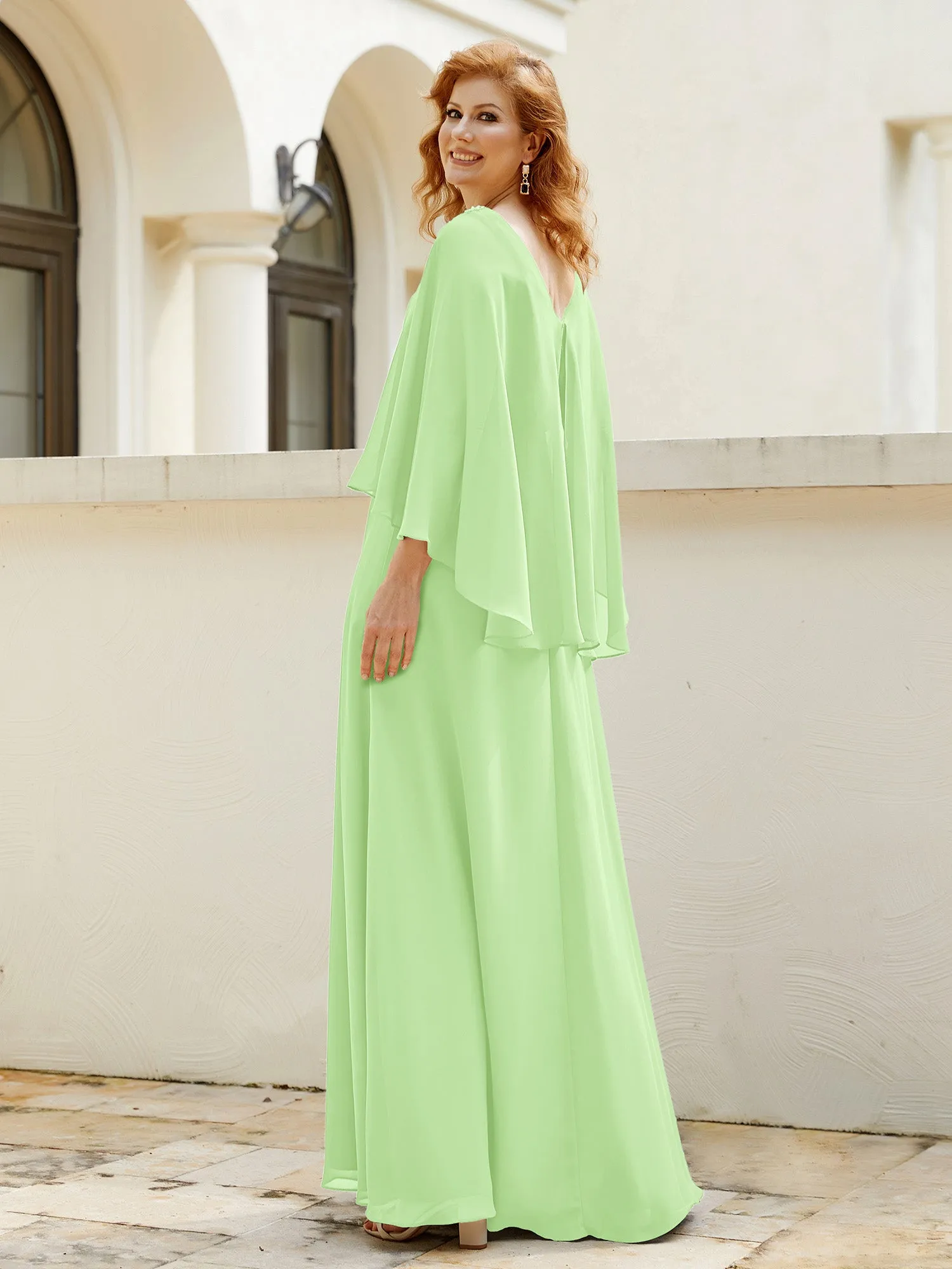 A-Line Flutter Cape Sleeves Dress with Beaded V-neck-Sage