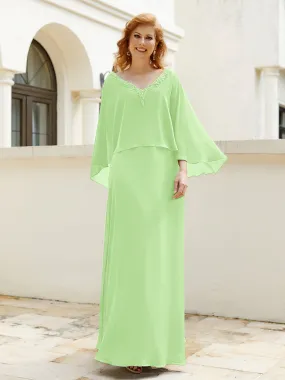 A-Line Flutter Cape Sleeves Dress with Beaded V-neck-Sage