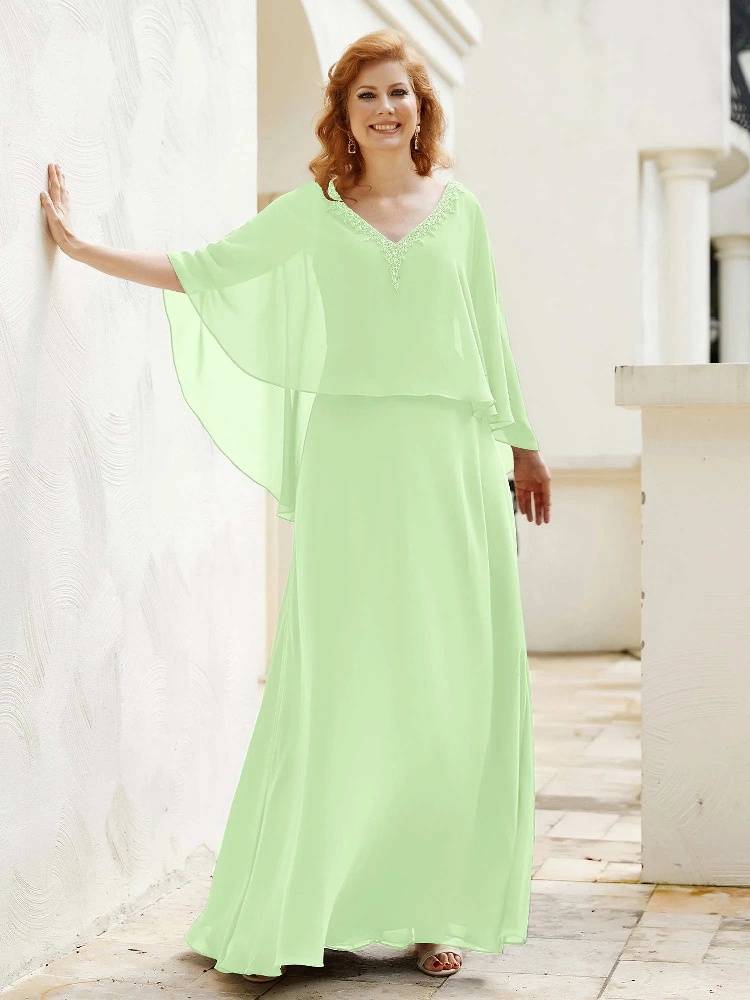 A-Line Flutter Cape Sleeves Dress with Beaded V-neck-Sage