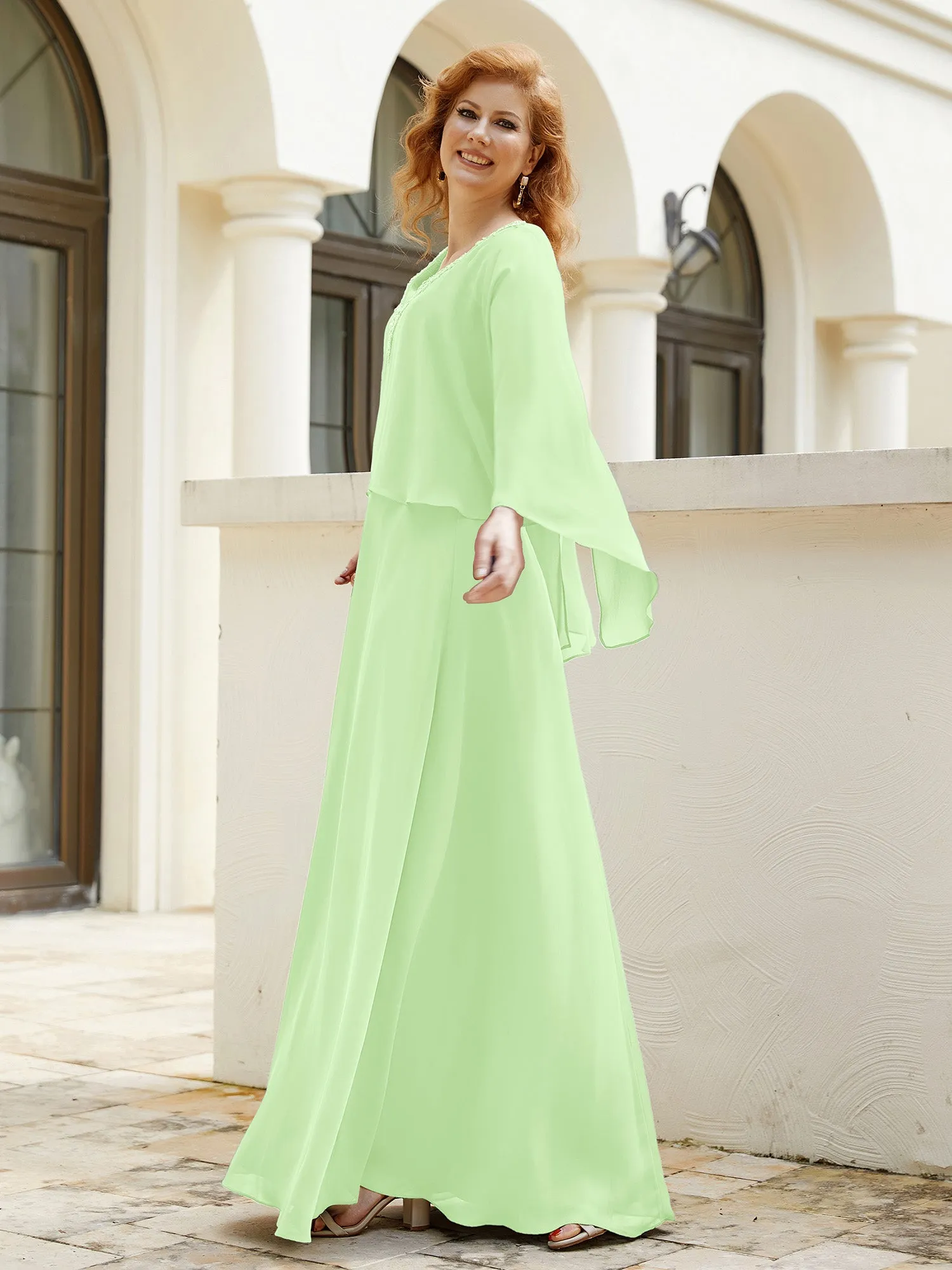 A-Line Flutter Cape Sleeves Dress with Beaded V-neck-Sage