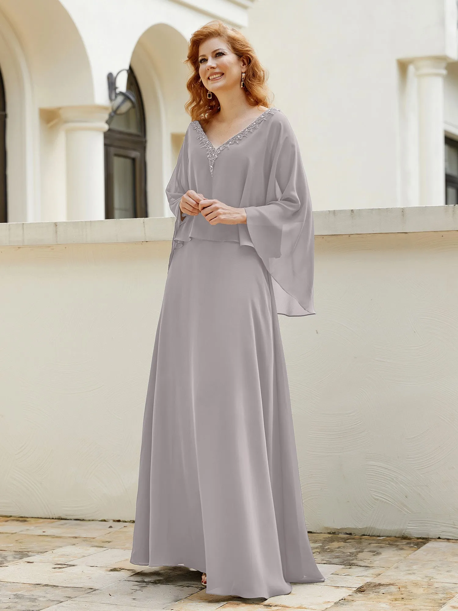 A-Line Flutter Cape Sleeves Dress with Beaded V-neck-Silver