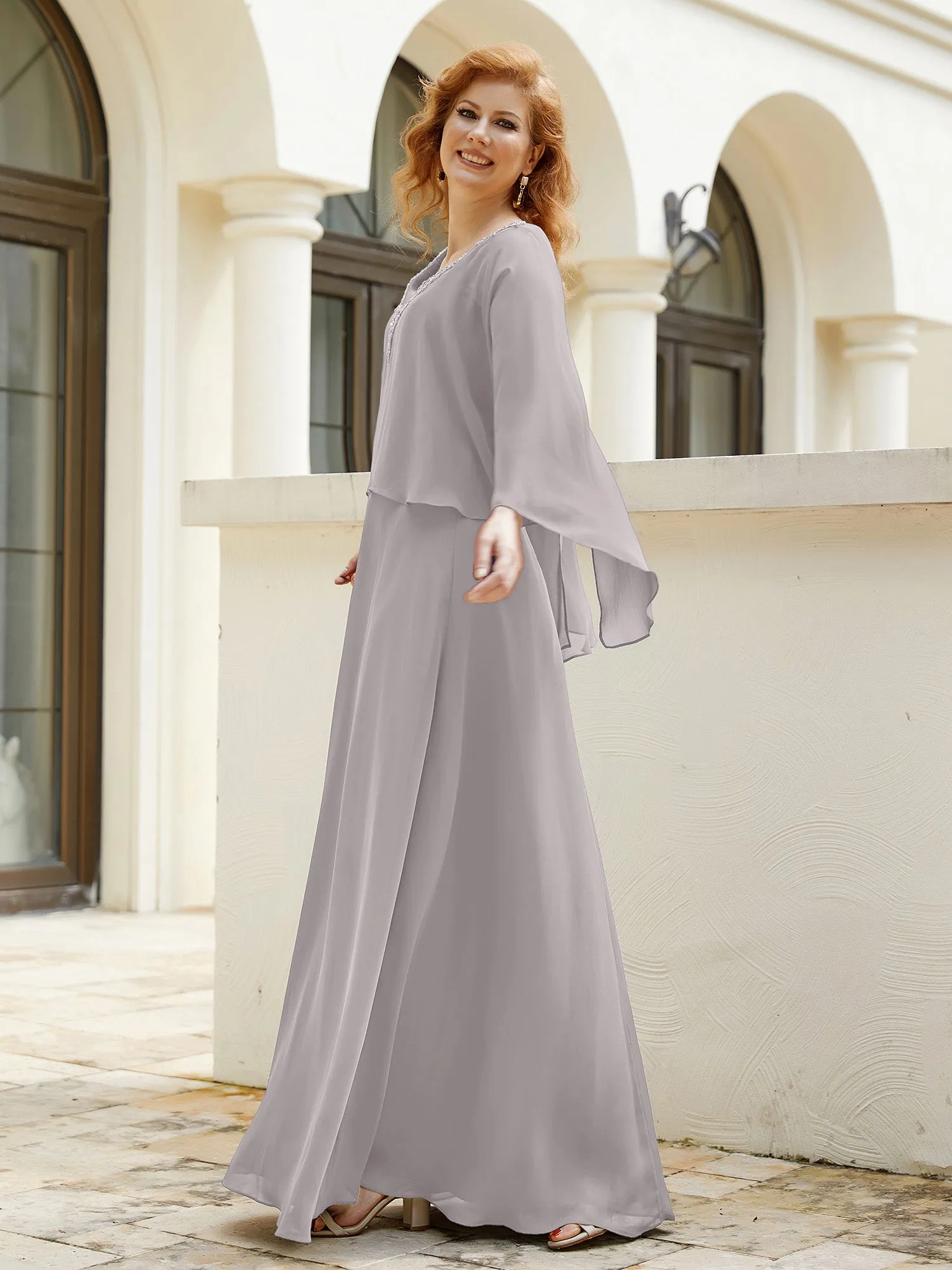 A-Line Flutter Cape Sleeves Dress with Beaded V-neck-Silver